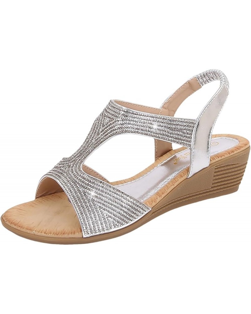 New Women's Design With Sloping Heel Sandals And T Shaped Rhinestones For Fashion Womens Comfy Sports Knit Sandals Silver $18...