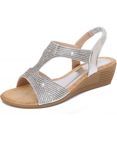 New Women's Design With Sloping Heel Sandals And T Shaped Rhinestones For Fashion Womens Comfy Sports Knit Sandals Silver $18...