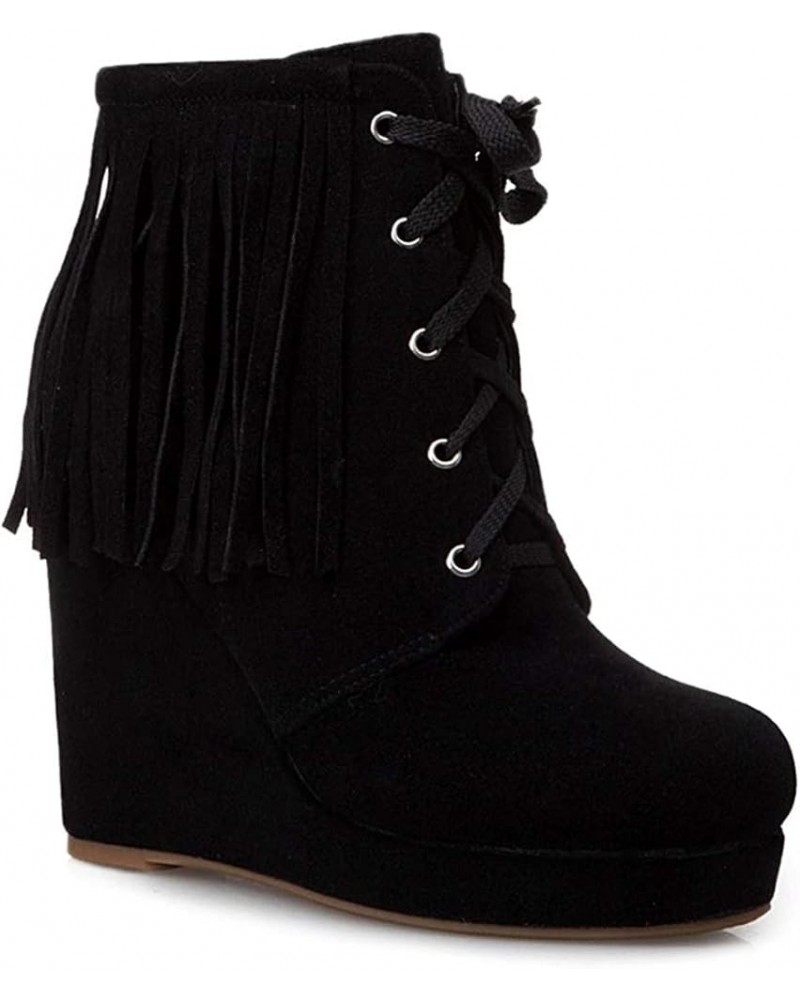 Women's High-heels Wedge Ankle Booties Sweet Tassels Lace-Up Faux Suede Western Dress Boots Black-velvet Lined $35.77 Boots