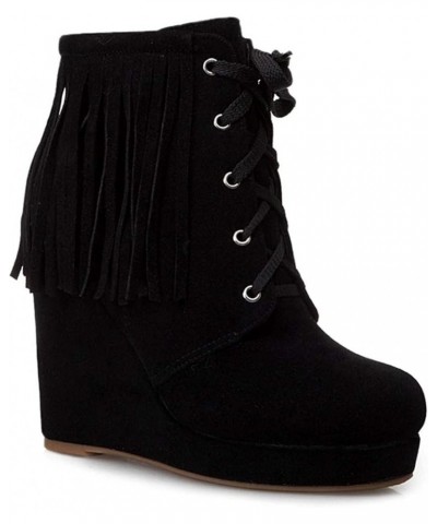 Women's High-heels Wedge Ankle Booties Sweet Tassels Lace-Up Faux Suede Western Dress Boots Black-velvet Lined $35.77 Boots