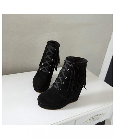 Women's High-heels Wedge Ankle Booties Sweet Tassels Lace-Up Faux Suede Western Dress Boots Black-velvet Lined $35.77 Boots