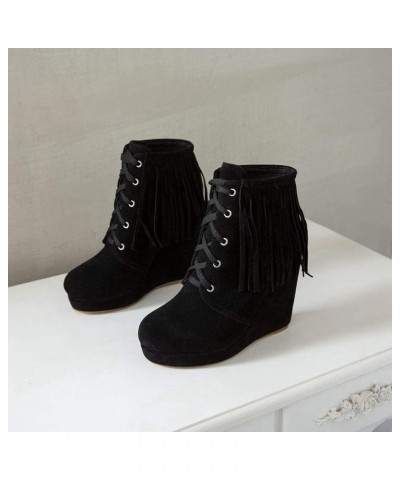 Women's High-heels Wedge Ankle Booties Sweet Tassels Lace-Up Faux Suede Western Dress Boots Black-velvet Lined $35.77 Boots