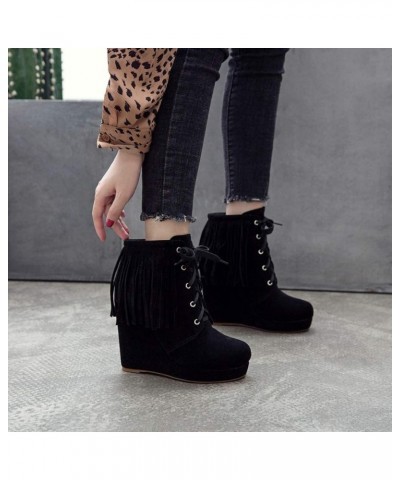 Women's High-heels Wedge Ankle Booties Sweet Tassels Lace-Up Faux Suede Western Dress Boots Black-velvet Lined $35.77 Boots