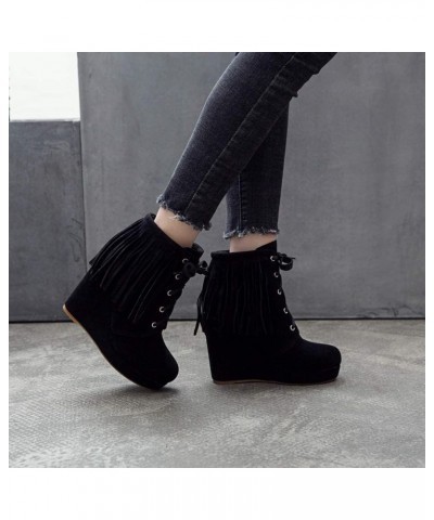 Women's High-heels Wedge Ankle Booties Sweet Tassels Lace-Up Faux Suede Western Dress Boots Black-velvet Lined $35.77 Boots