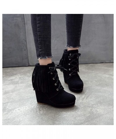 Women's High-heels Wedge Ankle Booties Sweet Tassels Lace-Up Faux Suede Western Dress Boots Black-velvet Lined $35.77 Boots