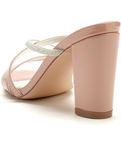 Chunky Sandals for Women,Slip On with High Heel PU Rhinestones Open Toe Wedding Heels for Women Pink $28.80 Sandals