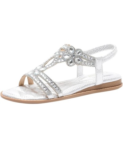 Sandals for Women 2024, Summer Boho Sandals for Women 2024 Crystal Open Toe Low Wedge Sandals with Elastic Strap Silver $16.4...