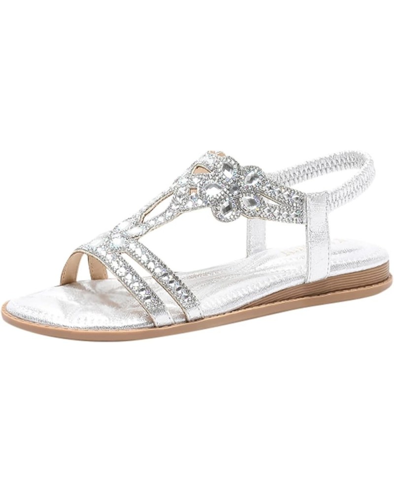 Sandals for Women 2024, Summer Boho Sandals for Women 2024 Crystal Open Toe Low Wedge Sandals with Elastic Strap Silver $16.4...