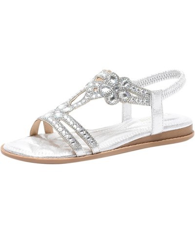 Sandals for Women 2024, Summer Boho Sandals for Women 2024 Crystal Open Toe Low Wedge Sandals with Elastic Strap Silver $16.4...