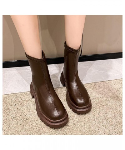 Women's Chunky Platform Fashion Boots Mid Calf Boots Square Toe Pull-on Ankle Booties Round Toe Zipper Boots Shoes Brown $22....