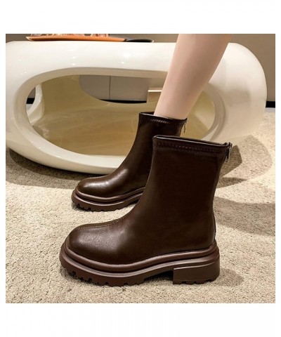 Women's Chunky Platform Fashion Boots Mid Calf Boots Square Toe Pull-on Ankle Booties Round Toe Zipper Boots Shoes Brown $22....