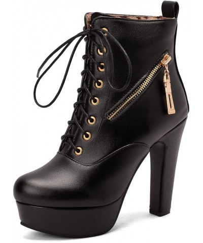 Fashion Platform Booties Chunky High Heels Women Lace up Ankle Boots Zipper 2145 Black $29.52 Boots