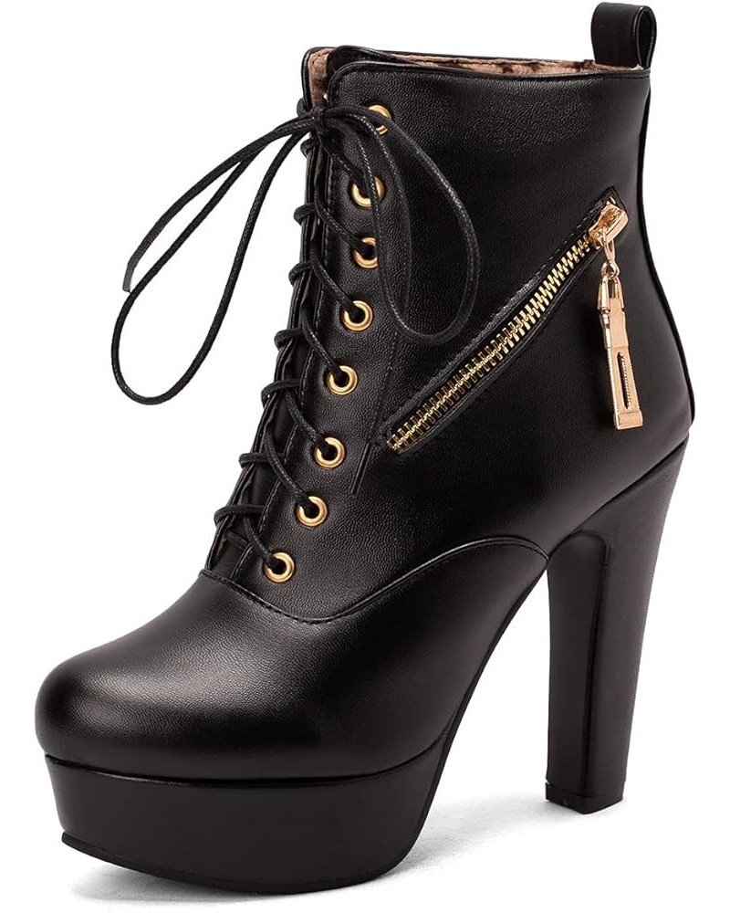 Fashion Platform Booties Chunky High Heels Women Lace up Ankle Boots Zipper 2145 Black $29.52 Boots