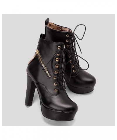 Fashion Platform Booties Chunky High Heels Women Lace up Ankle Boots Zipper 2145 Black $29.52 Boots