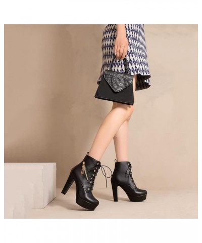 Fashion Platform Booties Chunky High Heels Women Lace up Ankle Boots Zipper 2145 Black $29.52 Boots