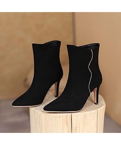 Women Pointy Ankle Boots Stiletto Heel Rhinestone Booties High Heel Pull On Short Boot Pointed Toe Black $32.15 Boots