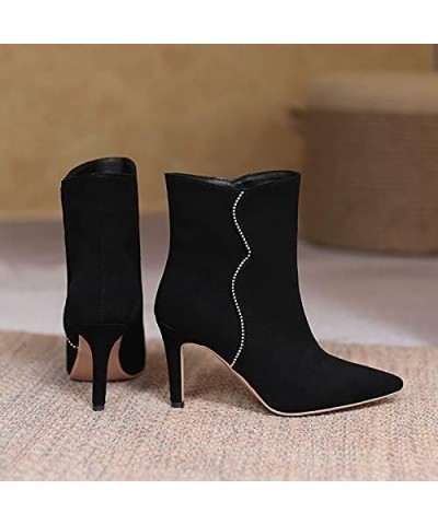 Women Pointy Ankle Boots Stiletto Heel Rhinestone Booties High Heel Pull On Short Boot Pointed Toe Black $32.15 Boots