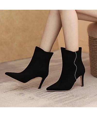 Women Pointy Ankle Boots Stiletto Heel Rhinestone Booties High Heel Pull On Short Boot Pointed Toe Black $32.15 Boots