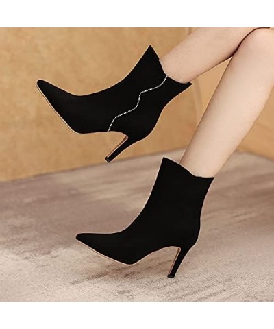 Women Pointy Ankle Boots Stiletto Heel Rhinestone Booties High Heel Pull On Short Boot Pointed Toe Black $32.15 Boots