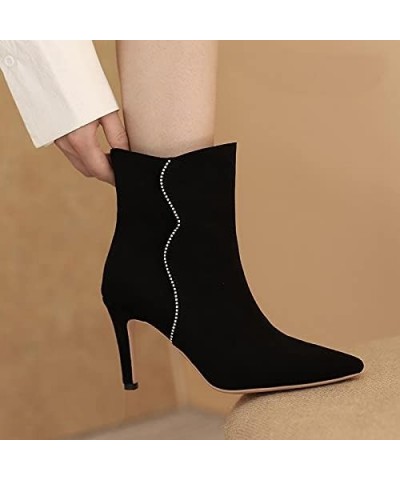 Women Pointy Ankle Boots Stiletto Heel Rhinestone Booties High Heel Pull On Short Boot Pointed Toe Black $32.15 Boots