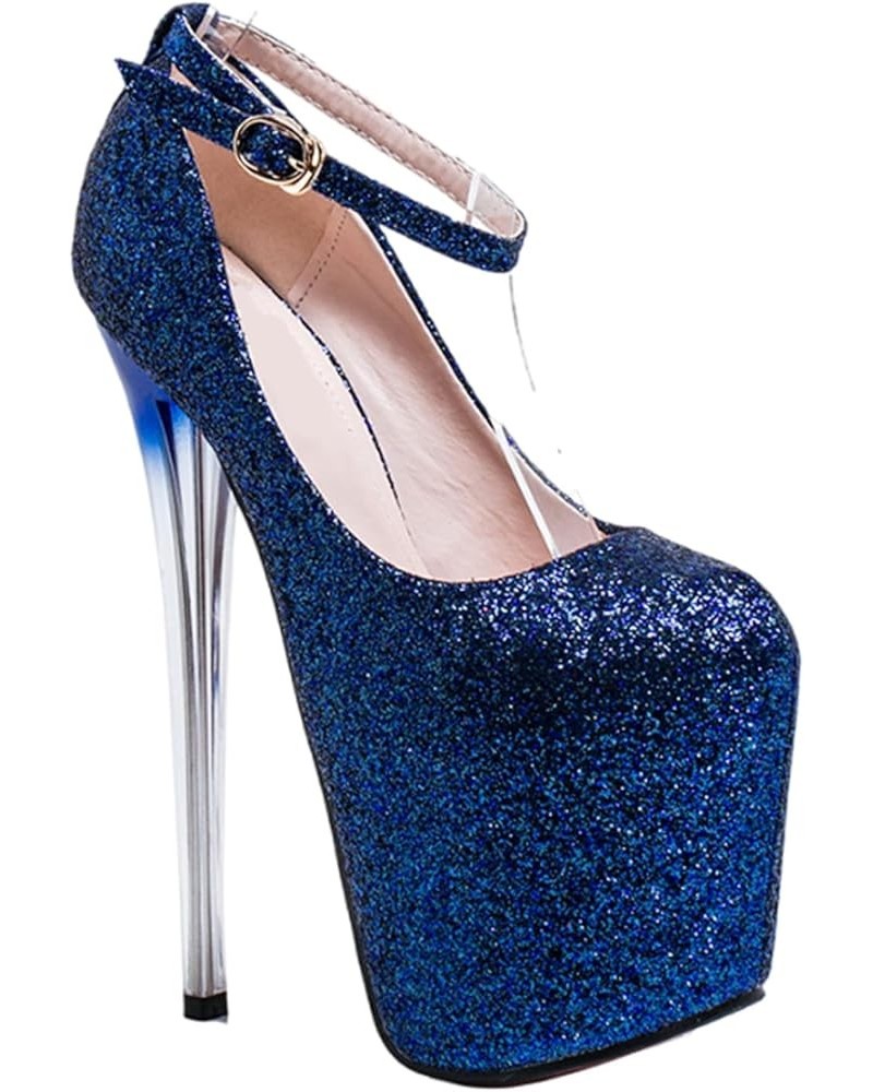 Plus Size 19Cm Women's High Heels Stiletto Platform Round Toe Pump Buckle Sequin Shoes for Spring and Autumn Blue $28.08 Pumps