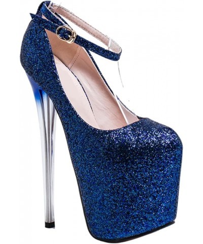 Plus Size 19Cm Women's High Heels Stiletto Platform Round Toe Pump Buckle Sequin Shoes for Spring and Autumn Blue $28.08 Pumps