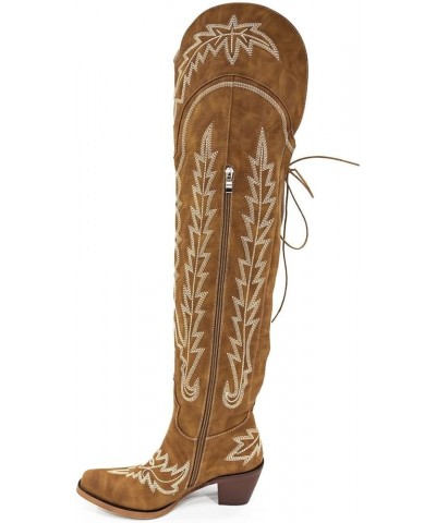 Womens White Cowgirl Boots Fashion Over the Knee Boots With Classic Embroidery Chunky Heels And Western Style Brown $44.00 Boots