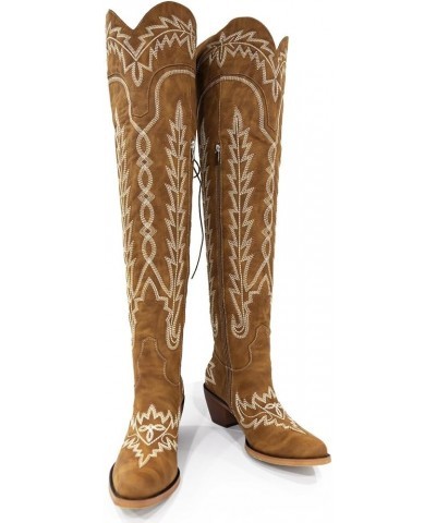 Womens White Cowgirl Boots Fashion Over the Knee Boots With Classic Embroidery Chunky Heels And Western Style Brown $44.00 Boots