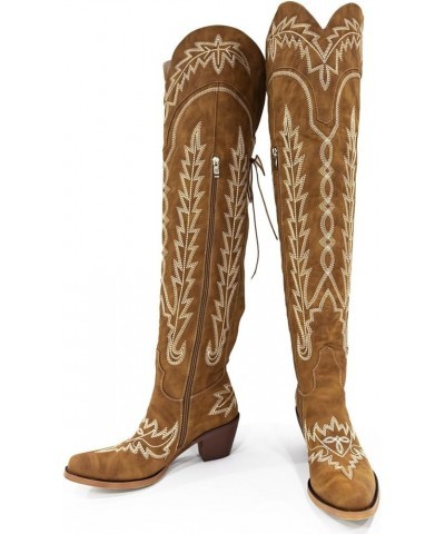 Womens White Cowgirl Boots Fashion Over the Knee Boots With Classic Embroidery Chunky Heels And Western Style Brown $44.00 Boots