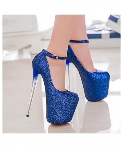 Plus Size 19Cm Women's High Heels Stiletto Platform Round Toe Pump Buckle Sequin Shoes for Spring and Autumn Blue $28.08 Pumps