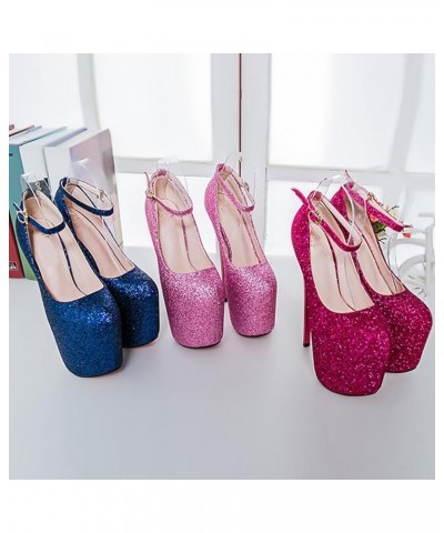 Plus Size 19Cm Women's High Heels Stiletto Platform Round Toe Pump Buckle Sequin Shoes for Spring and Autumn Blue $28.08 Pumps