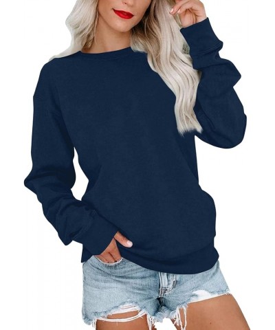 Plus Size Tops for Women Long Sleeve Round Neck Pullover Fall and Winter Solid Outfits Casual Loose Sweatshirt 1-dark Blue $1...