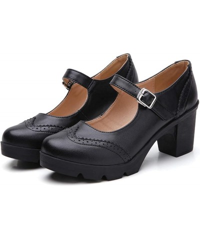 Women's High Block Heel Pump Shoes for Women Round Toe PU Leather Mary Jane Dress Platform Shoes All Black X94 $28.33 Pumps