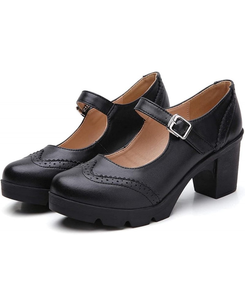 Women's High Block Heel Pump Shoes for Women Round Toe PU Leather Mary Jane Dress Platform Shoes All Black X94 $28.33 Pumps