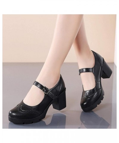 Women's High Block Heel Pump Shoes for Women Round Toe PU Leather Mary Jane Dress Platform Shoes All Black X94 $28.33 Pumps