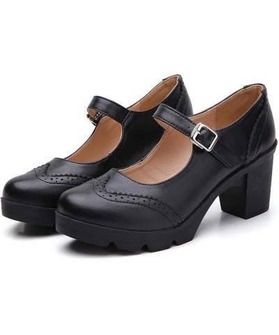 Women's High Block Heel Pump Shoes for Women Round Toe PU Leather Mary Jane Dress Platform Shoes All Black X94 $28.33 Pumps