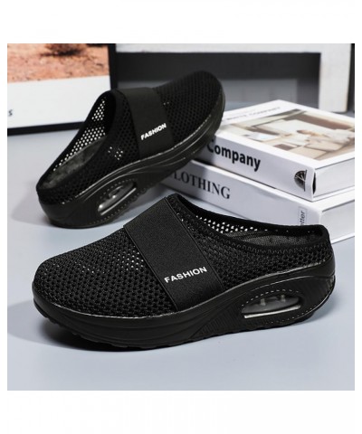 Women's Air-Cushion Slip-On Walking Shoes, Lightweight Breathable Platform Mules Clogs Sneaker Sandals Outdoor Slippers Black...