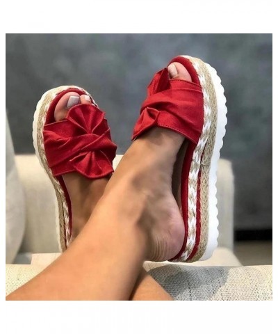 Sandals for Women Casual Slides Sandals Bow Knot Espadrille Platform Sandals Slip On Slides Fashion Sandals Red $14.64 Sandals