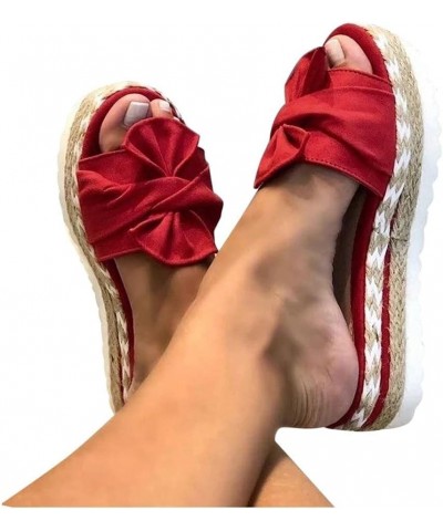 Sandals for Women Casual Slides Sandals Bow Knot Espadrille Platform Sandals Slip On Slides Fashion Sandals Red $14.64 Sandals