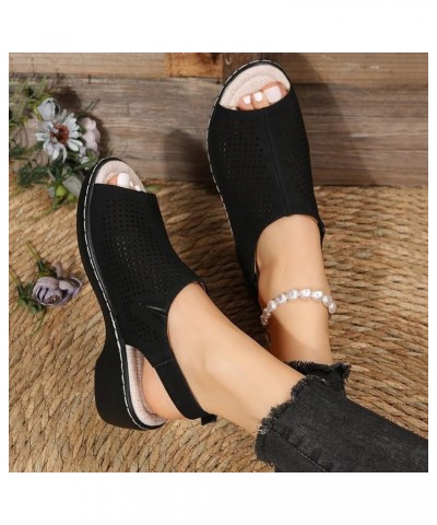 Swim Sandals Women Ladies Fashion Solid Hollow Leather Open Toe Hook Loop Wedge Heel Thick Soled Roman Sandals (Black, 8.5) B...