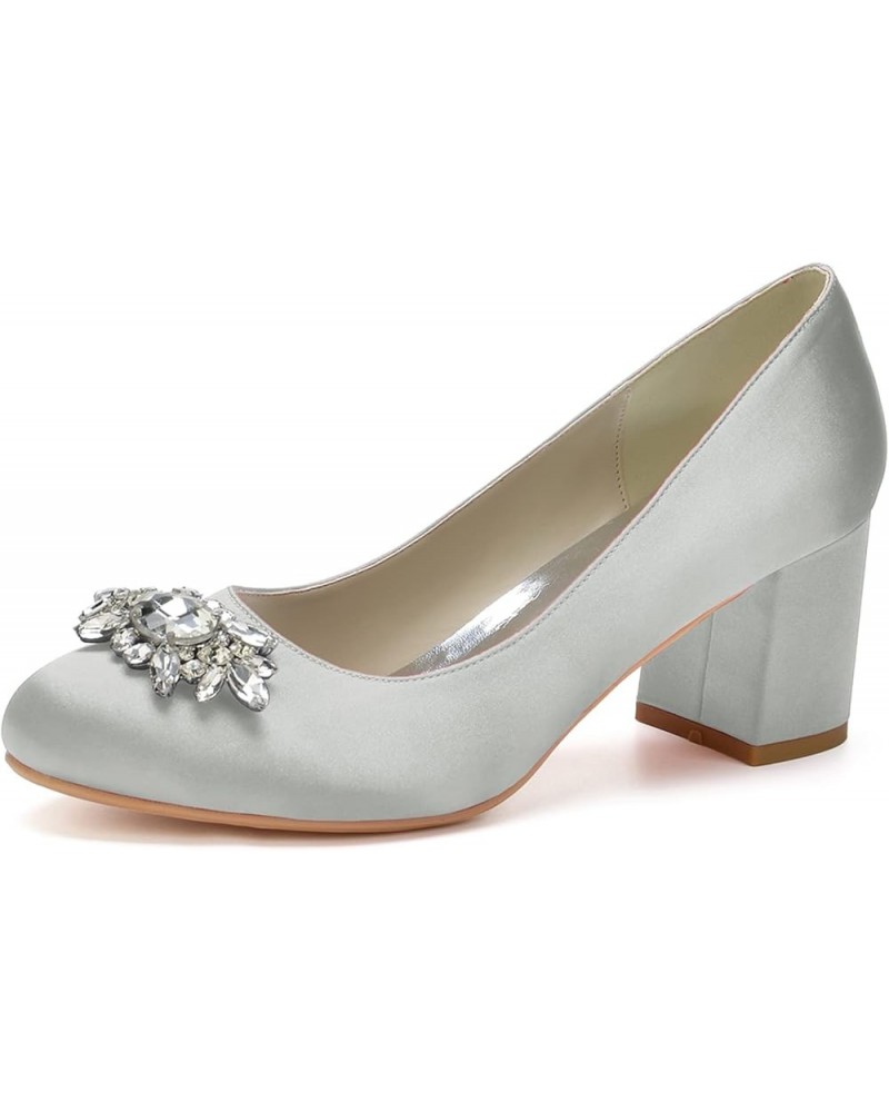 Women's Low Block Heel Pump Dress Shoes Round Toe Satin Rhinestone Bridal Wedding Shoes Silver $42.49 Pumps