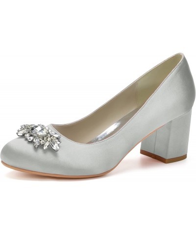 Women's Low Block Heel Pump Dress Shoes Round Toe Satin Rhinestone Bridal Wedding Shoes Silver $42.49 Pumps