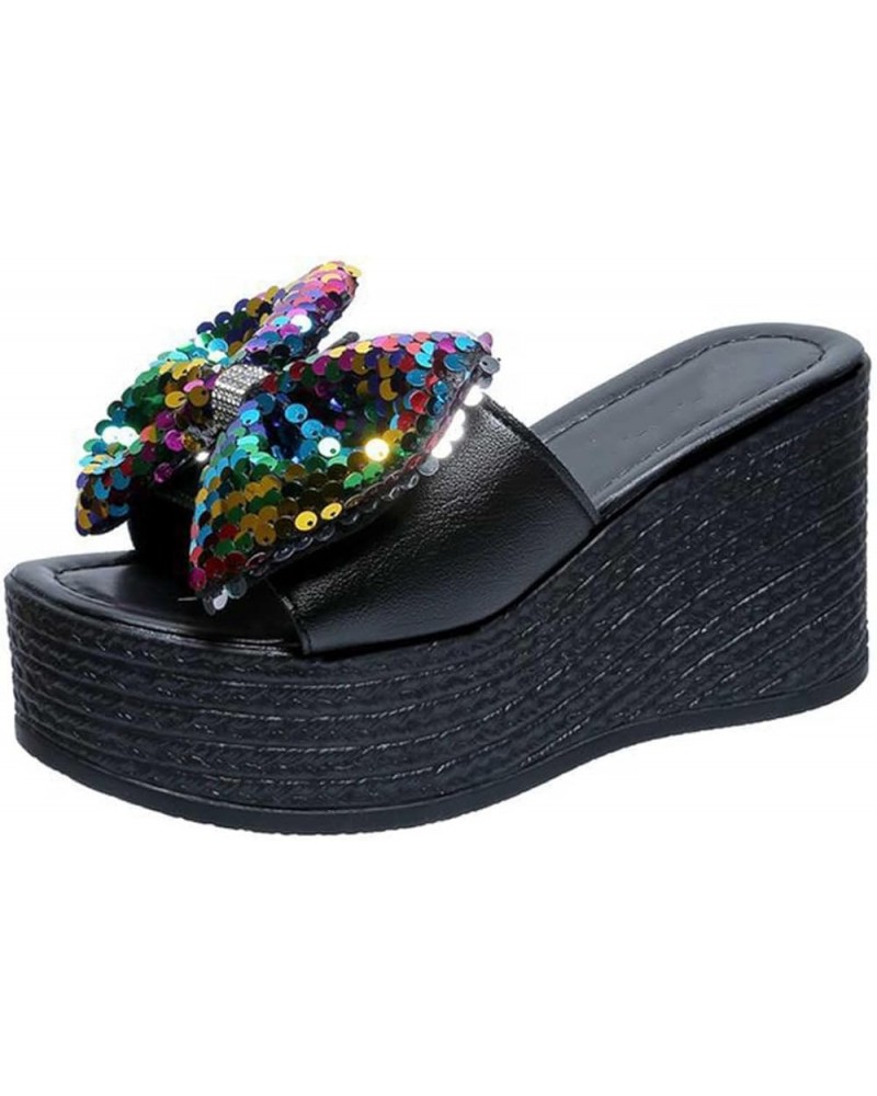 Women's Sequins Shiny Bowknot Platform Sandals Comfort Soft Trendy Wedge Slippers Party Dating Slide On High Heels Multicolor...