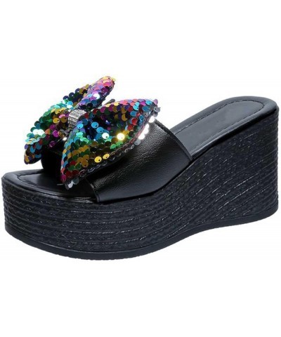 Women's Sequins Shiny Bowknot Platform Sandals Comfort Soft Trendy Wedge Slippers Party Dating Slide On High Heels Multicolor...