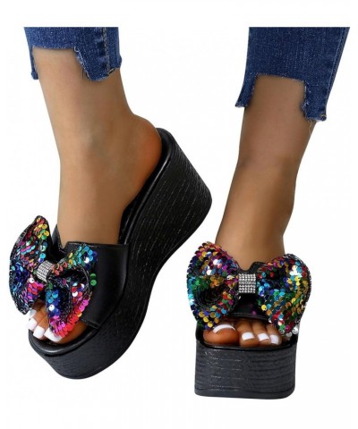 Women's Sequins Shiny Bowknot Platform Sandals Comfort Soft Trendy Wedge Slippers Party Dating Slide On High Heels Multicolor...