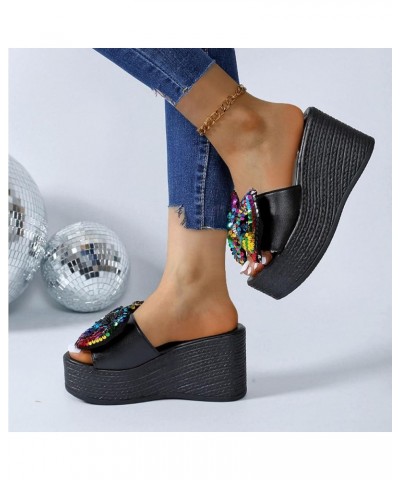 Women's Sequins Shiny Bowknot Platform Sandals Comfort Soft Trendy Wedge Slippers Party Dating Slide On High Heels Multicolor...