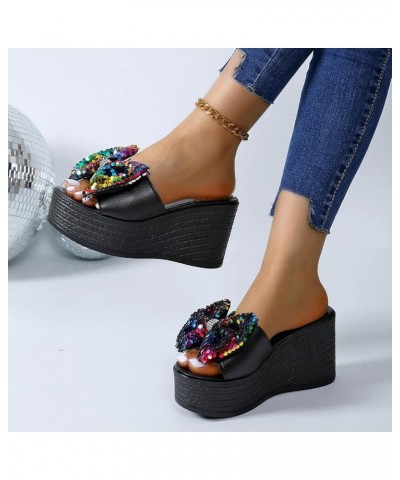 Women's Sequins Shiny Bowknot Platform Sandals Comfort Soft Trendy Wedge Slippers Party Dating Slide On High Heels Multicolor...