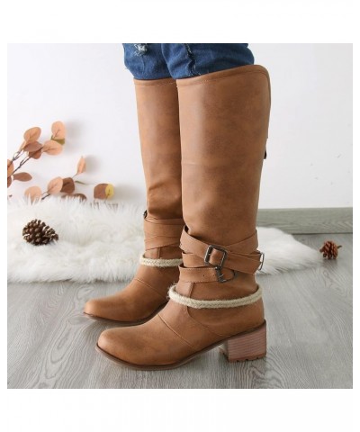 Womens Rain Boots Wide Calf Tall Womens Shoes Round Toe Belt Buckle Back Zipper Chunky Heel Womens Boots Vintage Boots Mid Bo...