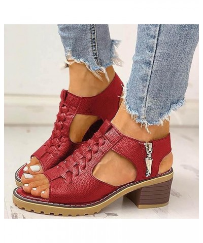 Sandals for Women Dressy Summer, Sandals Women Fashion Zip Up Lace-up Sandals Casual Open Toe Chunky Heel Sandals Red $12.77 ...