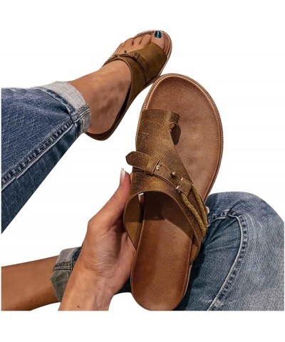 Sandals Women Dressy Summer Flat, Flat Sandals for Women Summer Ring Toe Flip Flops Sandals Casual Leather Sandals Brown $12....